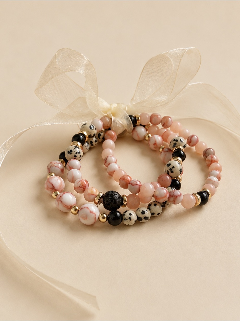 🌸 Blush Stone & Dalmatian Jasper Bracelet Stack | Handmade Stretch Bracelets 🌸